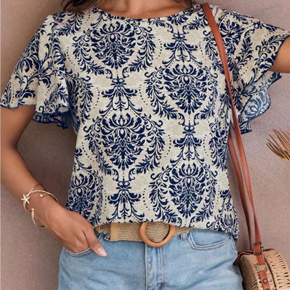 Navy Floral Print Women's Top